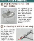 Diagram showing features of Solo Grill A4 Portable Camping Fire Pit For Outdoor Use with two-tier grill and easy assembly.