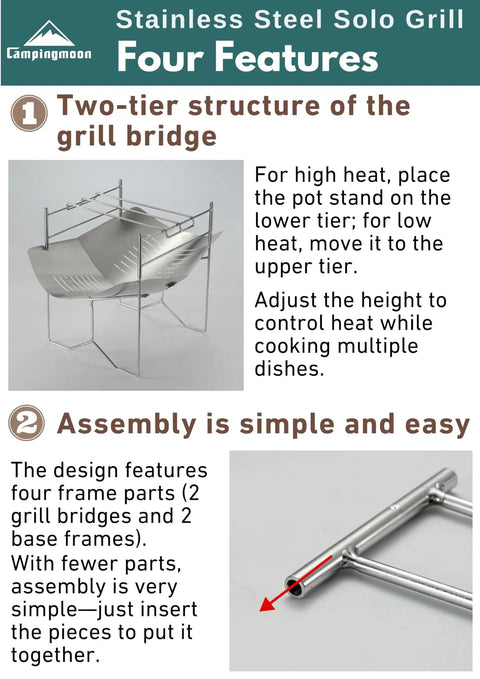 Diagram showing features of Solo Grill A4 Portable Camping Fire Pit For Outdoor Use with two-tier grill and easy assembly.