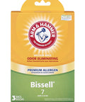 Front view of Premium Allergen Eliminating Vacuum Bags Replacement For Bissell Style 7 Upright Vacuums with Arm & Hammer branding