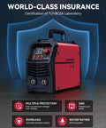 110V And 220V MMA Stick Welder With Large LED Display on a black surface, showing protection features and certifications.