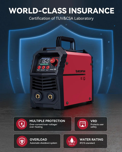 110V And 220V MMA Stick Welder With Large LED Display on a black surface, showing protection features and certifications.