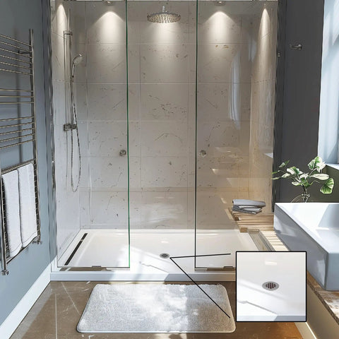 Heavy Duty No Caulk Shower Drain With Slick Polished Chrome Grate And Strong Compression Fit for use in modern shower installation.