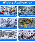 Collage showing industrial applications: automation production line, packaging system, sensors, robotics, automotive electronics, pharmaceutical manufacturing.