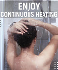 Back view of a person washing their hair under a shower, water droplets on the glass enclosure.