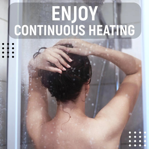 Back view of a person washing their hair under a shower, water droplets on the glass enclosure.