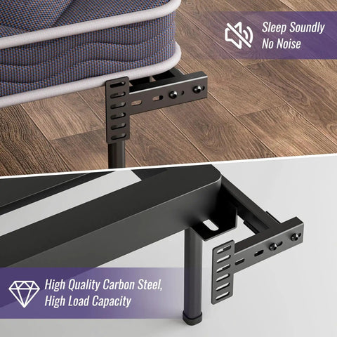 Adjustable Headboard Brackets Metal Bed Frame Wall Mounts With Footboard Extension Kit Fits Twin Full Queen King Bed, showing steel brackets on a bed frame.