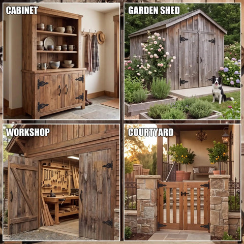 8 Pack 12 Inch Beefy Heavy Duty Wrought Iron Blind Shutter Hinges Kit on cabinet, shed, workshop, courtyard settings