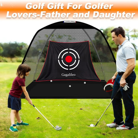Father and daughter using Golf Hitting Net For Backyard Driving 12x7Ft Professional Backstop With Silent Velvet Target