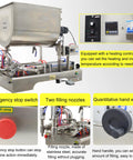 Heavy Duty Horizontal Pneumatic Paste Filling Machine Featuring Dual Nozzles And A Stainless Steel Heating Mixing Hopper controls and features