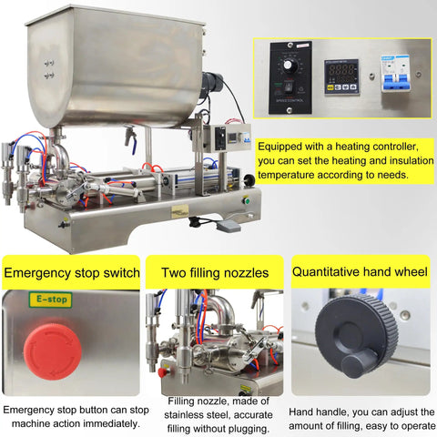 Heavy Duty Horizontal Pneumatic Paste Filling Machine Featuring Dual Nozzles And A Stainless Steel Heating Mixing Hopper controls and features