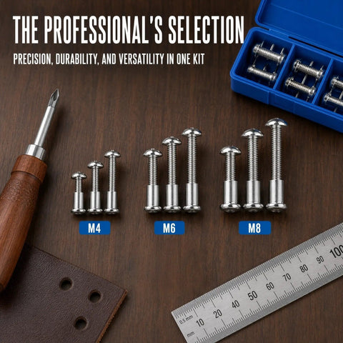 Top Shelf Assorted 304 Stainless Steel Cross Round Head Screws With Barrel Nuts Assembly Kit M3 M4 M5 M6 And M8 Sizes arranged by size M4, M6, and M8.