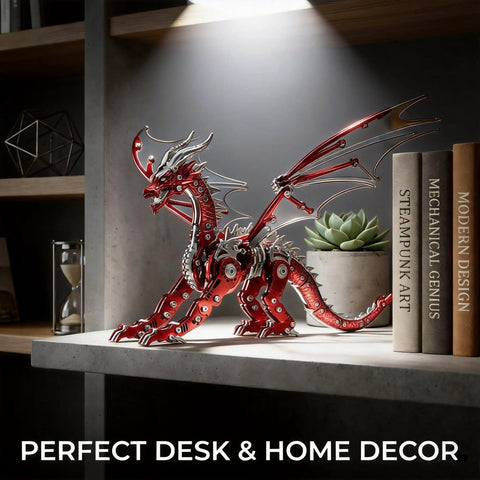 3D Metal Dragon Puzzle Kit For Adults High Detail Mechanical Model Building Set displayed on a wooden shelf as decor