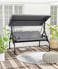 Three Seat Outdoor Porch Swing Chair With Adjustable Canopy Two In One Convertible Backrest Into Bed Thick Cushions Pillow And Cup Holder Weather Resistant Gray on patio