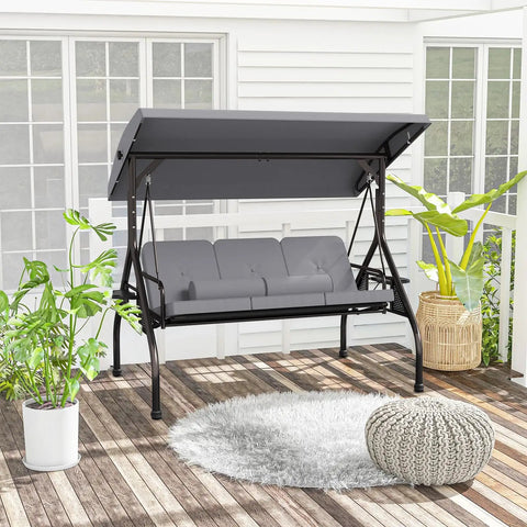 Three Seat Outdoor Porch Swing Chair With Adjustable Canopy Two In One Convertible Backrest Into Bed Thick Cushions Pillow And Cup Holder Weather Resistant Gray on patio