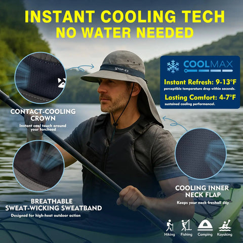 Man kayaking wearing Cooling Sun Hat With Neck Flap For Men And Women, breathable wide brim, UV protection in khaki M/L.