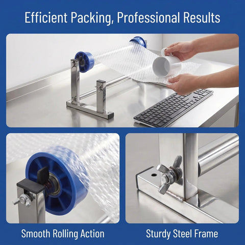 Manual Stretch Film Dispenser For Shipping And Moving Easy Desktop Wrapping Station with stainless steel frame in use