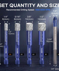 6-piece dry diamond drill bit set by Amazon; hex shanks 1/4, 5/16, 3/8, 1/2 in plus 1/4 in WC bit (front view).