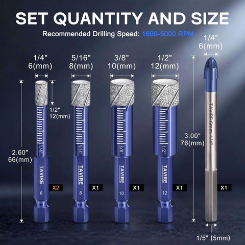 6-piece dry diamond drill bit set by Amazon; hex shanks 1/4, 5/16, 3/8, 1/2 in plus 1/4 in WC bit (front view).
