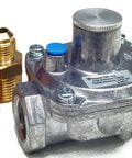 Front view of propane gas pressure regulator with two brass 1/2 in pipe fittings, silver metal body and blue adjustment cap.