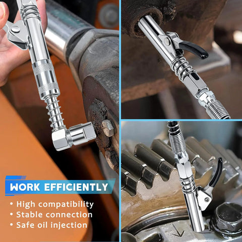 Grease gun fittings accessory kit in chrome with 12in hose, 90-degree coupler, needle nozzle tips, zerk cleaner