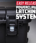 Titan Series Waterproof Utility Case With Diced Foam Insert latch detail, IP67 dustproof gear box, NK-7 resin, ATA-300 certified.