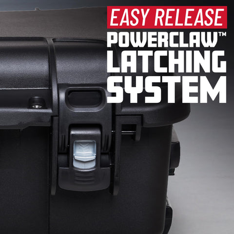 Titan Series Waterproof Utility Case With Diced Foam Insert latch detail, IP67 dustproof gear box, NK-7 resin, ATA-300 certified.