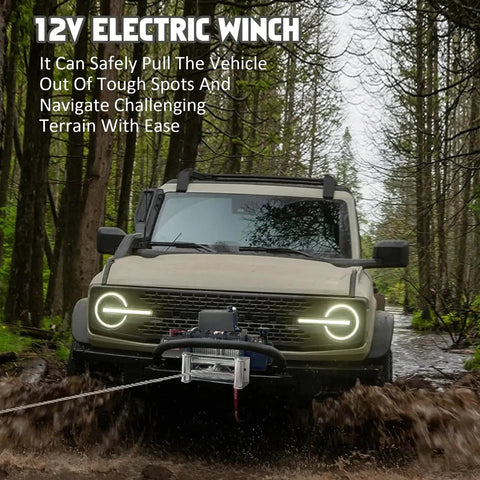 Rugged Electric Steel Cable Winch With 5.7HP High Power Motor For Heavy Duty Towing And 18800lbs Capacity featuring a vehicle navigating muddy terrain.