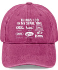Front view of Funny Spare Time RV Camper Hat For Women In Distressed Washed Pomegranate Red with camping activities print.