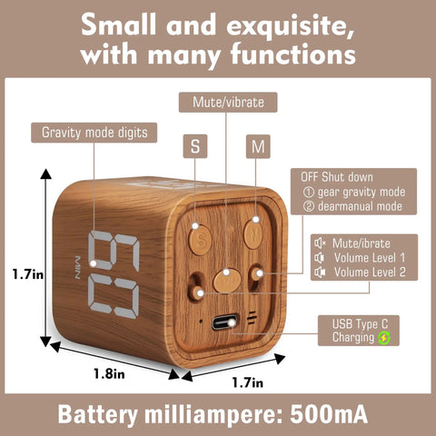 Cube Productivity Timer For Work And Study with wooden design, buttons for mute/vibrate, dimensions 1.7in x 1.8in, USB-C port