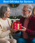 Senior couple exchanging a gift wrapped in red paper, with the text 'Best Gift Idea for Seniors' above them.