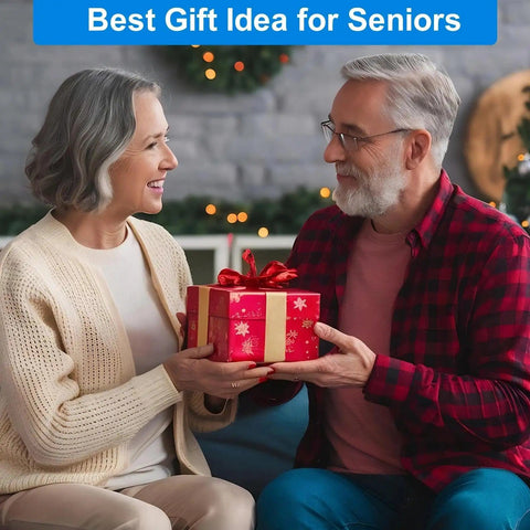 Senior couple exchanging a gift wrapped in red paper, with the text 'Best Gift Idea for Seniors' above them.