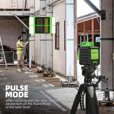 Worker using LR-5RG Laser Receiver for Line Lasers with Green and Red Beam Detection mounted on tripod in construction site
