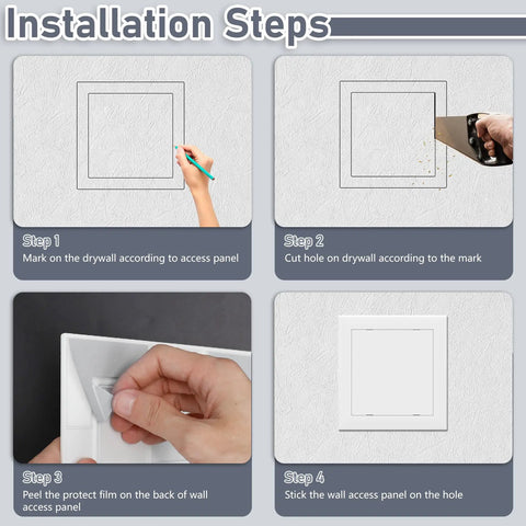 Installation steps for Heavy Duty Self Adhesive Access Panel 8X8 Drywall Hole Cover, showing marking, cutting, peeling, and sticking process.