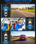 No Fuss Triple Channel Dash Cam System With Front Cabin And Rear View Cameras 1080P Car Camera Pack shown with 170° front and 150° cabin view.