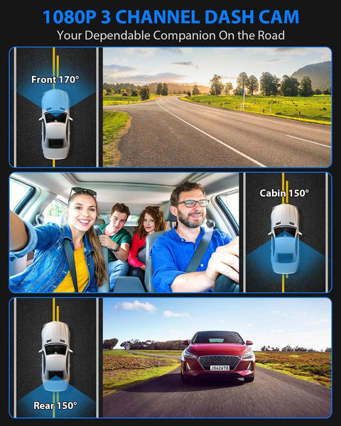 No Fuss Triple Channel Dash Cam System With Front Cabin And Rear View Cameras 1080P Car Camera Pack shown with 170° front and 150° cabin view.