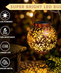 Two Pack Outdoor Solar Hanging Lantern Lights With Handle Waterproof Tabletop LED Moroccan Style Metal Garden Lanterns For Patio Lawn Porch Backyard Dope Lighting glowing in garden setting with leaf cutout design