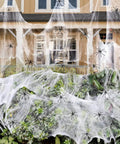 Premium Super Stretchy Halloween Spider Webs Covering 1400 Square Feet With 150 Extra Fake Spiders on house and bushes.