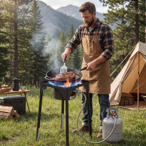 Man cooking on Single Burner Outdoor Propane Gas Stove 100,000 BTU LPG Camping Cooker With Tall Stand And PSI Regulator in campsite