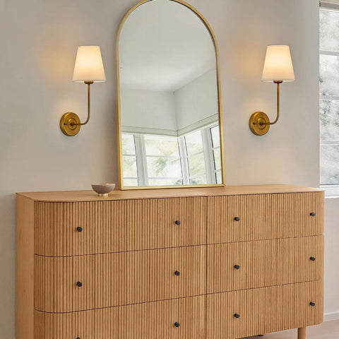 Hardwired Wall Sconce Set Of 2 With Flared White Textile Shade And Curved Arm In Antique Brass Finish For A Cozy Modern Bedroom Vanity Glow E26 Socket Dimmable LED Friendly 110V To 120V 60W Max