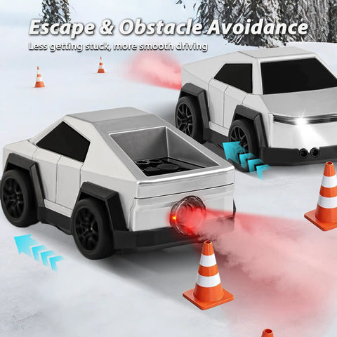 Two Cyber Inspired Remote Control Cars With 360 Drift Spray Lights And Sound Effects navigating cones in snow with obstacle avoidance.