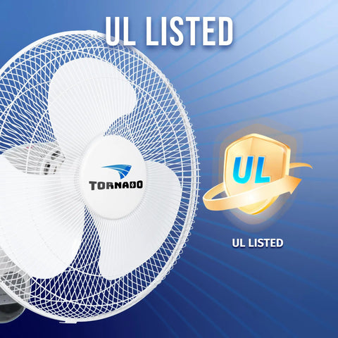 Close-up of Two Pack 16 Inch Wall Mounted Fans For Home Use With 90 Degree Oscillation Remote Control Three Speed Settings 2650 CFM 6 Foot Cord UL Listed Quiet Space Saving Cooling For Living Room Garage Shop.
