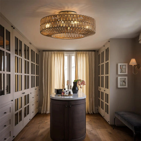 Boho Caged Fandelier With Lights Flush Mount Ceiling Fan With Remote Control Rattan Enclosed Ceiling Fan in room