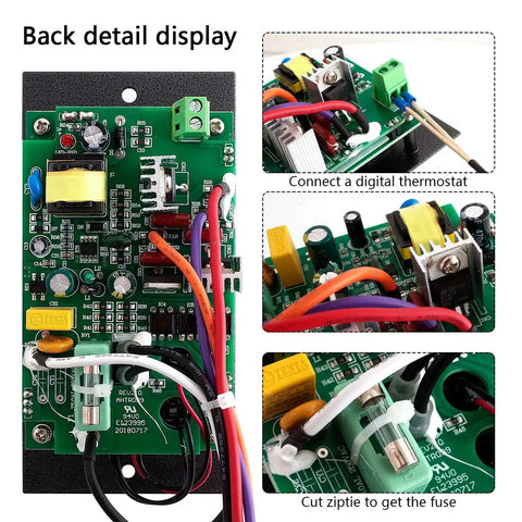 Back view of Digital Pro Controller Replacement For Pellet Grills With Meat Probes And Thermostat Board Sensor Fits Traeger BAC236 Grill Parts Bright LED Display Exact Cooking Thermostat Upgrade Plug N Play Easy Install Probes Hangers And Fuse Included with circuit board details.