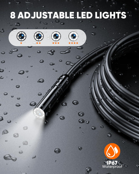 Endoscope Camera With Light For Tight Spots, 4.3 Inch HD IPS Display, IP67 Waterproof, showing LED lights and cable angle
