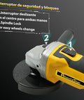 Side view of yellow RhovixStar cordless angle grinder with black grip, 3/8-inch spindle, grinding wheel and guard