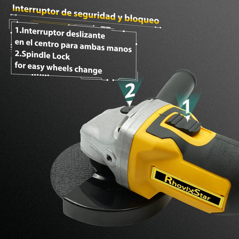 Side view of yellow RhovixStar cordless angle grinder with black grip, 3/8-inch spindle, grinding wheel and guard