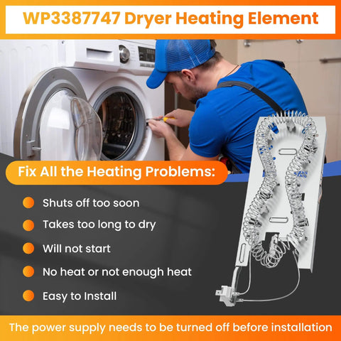 Image showing WP3387747 Dryer Heating Element Replacement For Whirlpool Kenmore Maytag Dryers 3387747 Replaces AP6008281 W11045584 WP3387747VP PS11741416 Fits Most Top Brand Dryers DIY Friendly mentioned alongside features like easy installation and problem-solving benefits.