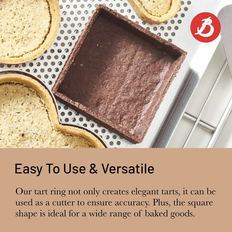 Perforated Square Tart Ring 8x8x0.8 Inches For Golden Crispy Tarts No Fuss Release Easy Clean on baking sheet with baked goods