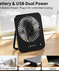 Must Have Compact USB Desk Fan With LED Display 5 Speed Ultra Quiet Portable Mini Fan on table with charging options