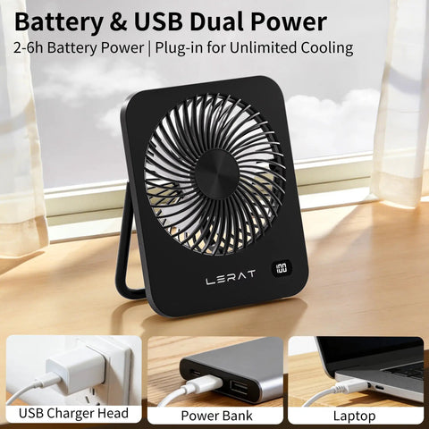 Must Have Compact USB Desk Fan With LED Display 5 Speed Ultra Quiet Portable Mini Fan on table with charging options